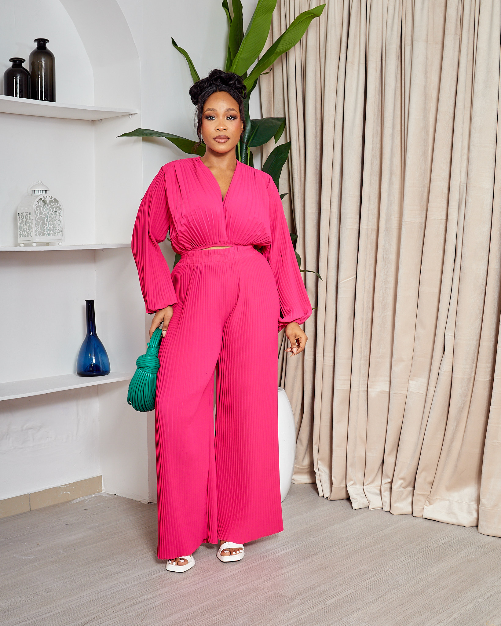 KIN FUSCHIA PLEATED SUIT SET - Posh Apparels