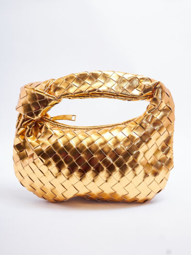 GOLD LUMINOUS WOVEN KNOT HANDLE HALF CIRCLE BAG