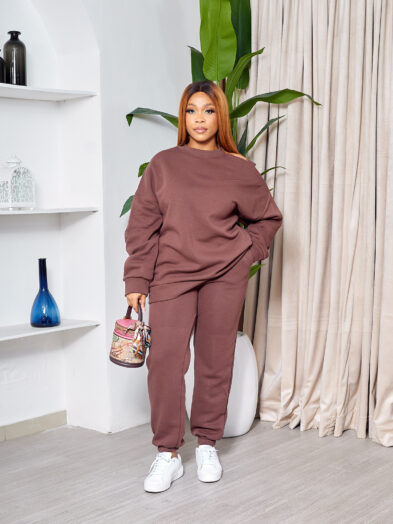 QU BROWN COLD SHOULDER 2PCS JOGGER SET