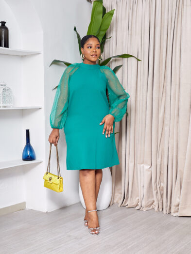 PERLED GREEN EMBELLISHED ORGANZA BUBBLE SLEEVES TUNIC