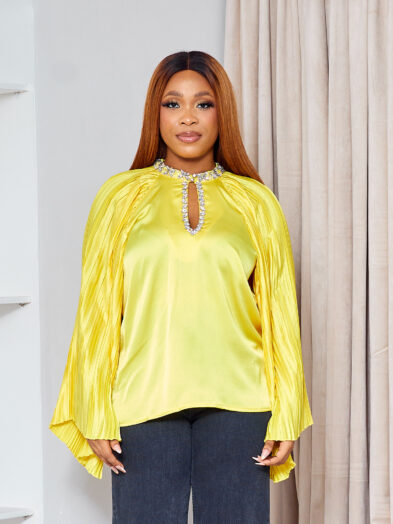 LILA YELLOW PLEATED SLEEVES WITH EMBELLISHED NECK