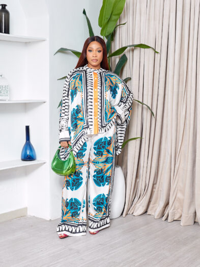 POG IVORY PETROL FLORAL PRINT PONCHO BISHOP & PANT SUIT SET