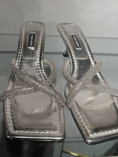 NINEWEST SILVER EMBELLISHED CROSS STRAP SLIPPERS