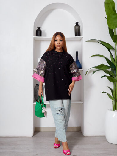 LILY BROCADE SLEEVE BOX EMBELLISHED TEE