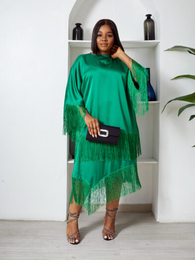 POG GREEN SILK FRINGE ASSYMETRIC SKIRT X TOP SUIT SET