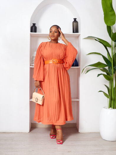 POG ORANGE  PLEATED FLARE SWING MIDI DRESS