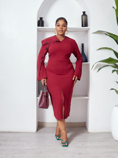 POG PLUM BLACKBERRY BUTTON SHAWL DETAIL MIDI DRESS