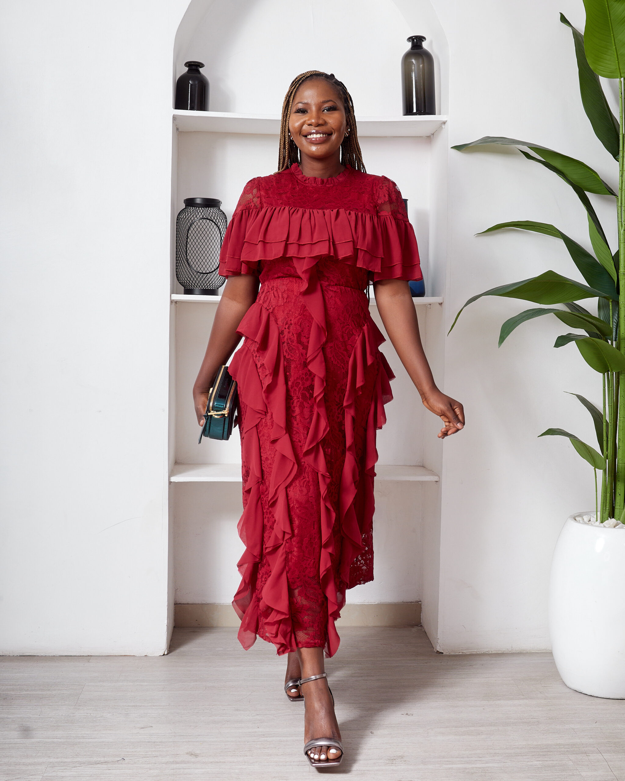 PLUM CHANTILLY LACE FRILL MIDI DRESS  Posh Apparels