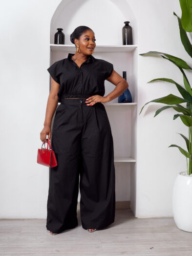 SASHES X HIDES BLACK CROP TOP WITH FLARE PANTS SUIT SET