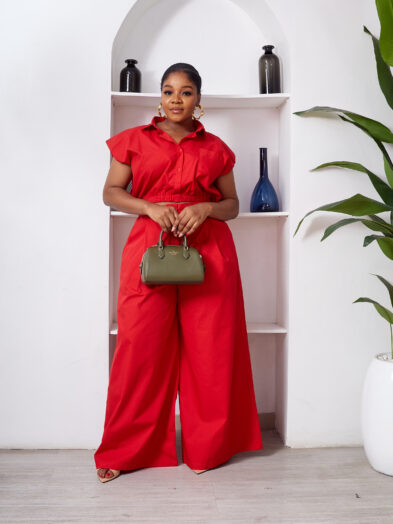 SASHES X HIDES RED CROP TOP WITH FLARE PANTS SUIT SET