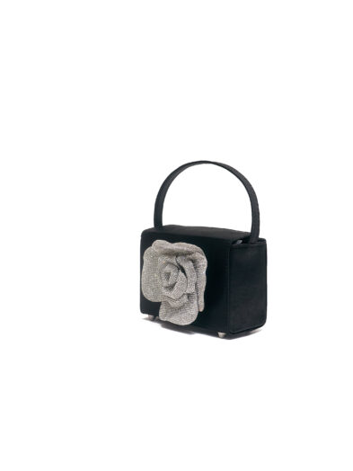 BLACK TOP HANDLE SATIN EMBELLISHED PETAL BARREL BAG
