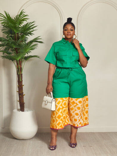 SASHES X HIDES GREEN CROP BOX SHIRT WITH ADIRE HEM CULOTTES SUIT SET