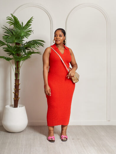 DILVIN RED COLLARED TEXTURED RIB BONE BODYCON MIDI DRESS