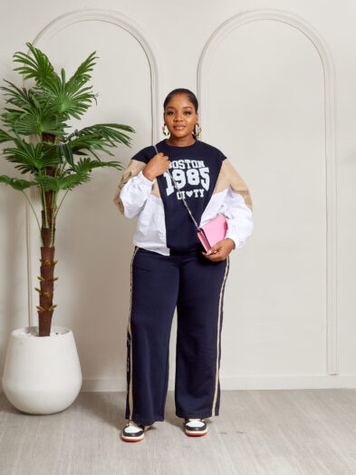 QUZU NAVY/WHITE/TAUPE BOSTON 1985 MIXED COLOR LOUNGE SUIT SET