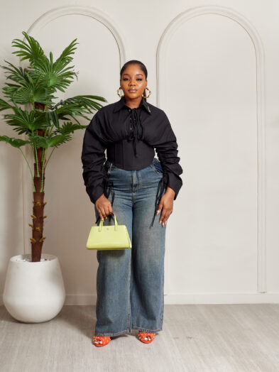 BLACK CORSET DETAIL DRAWSTRING BOX SLEEVE SHIRT