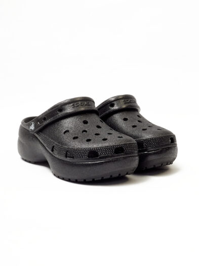 BLACK PLATFORM GLITTER ROOMY FIT CLOGS CROCS