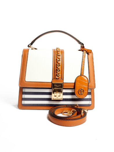 EMILY LORAN 11032 IVORY REPTILE /CAMEL/BLACK STRIPE BOX STRUCTURE CHAIN DETAIL BIG BAG