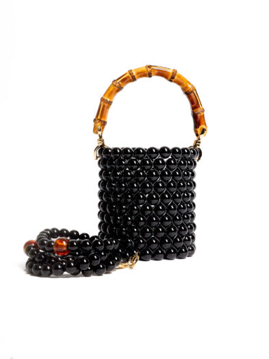 BLACK BALL BEADED BUCKLE BAMBOO HANDLE BAG