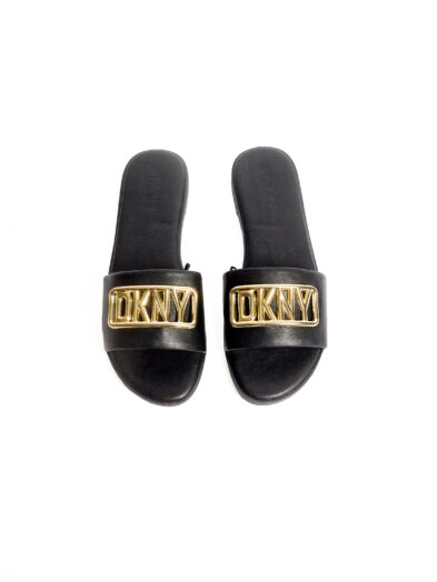 DKNY BLACK ROUND TOE RECTA LOGO SLIPPERS