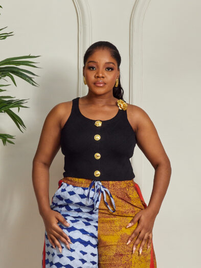 POG BLACK GOLD BUTTON UP WITH FLORAL GOLD BUTTON DETAIL TANK TOP