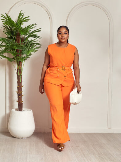 ZR ORANGE B BUCKLE SLEEVELESS WAISTCOAT PANT SUIT SET