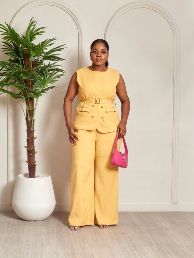 ZR YELLOW B BUCKLE SLEEVELESS WAISTCOAT PANT SUIT SET