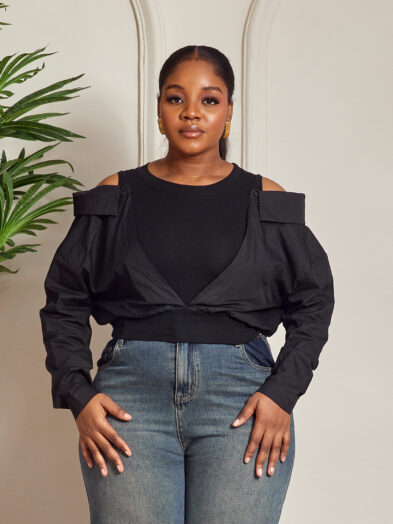 YUANYUAN BLACK COLD SHOULDER CROP SHIRT