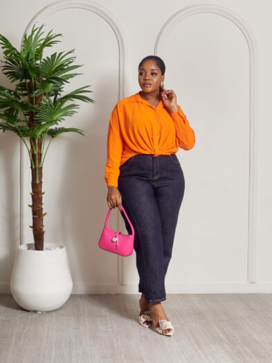 (2FOR50K)AK SRC ORANGE CROP DEEP HEM SHIRT (SILK)