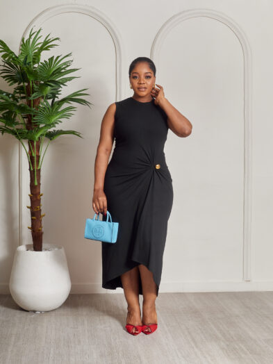 EWEOL BLACK RIB BONE DRAPED BODYCON DRESS