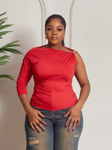 (2FOR30K)RED GOLD RING DETAIL MONO SLEEVE BODYCON TOP