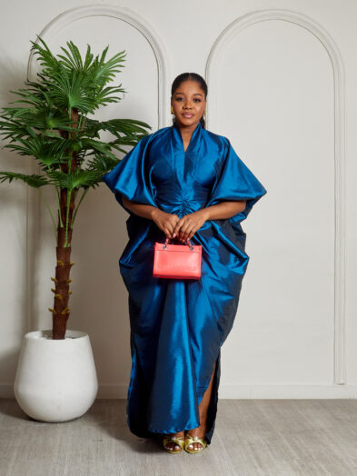 SASHES X HIDES PETROL TAPHETTA MIDI DRAPED CAFTAN