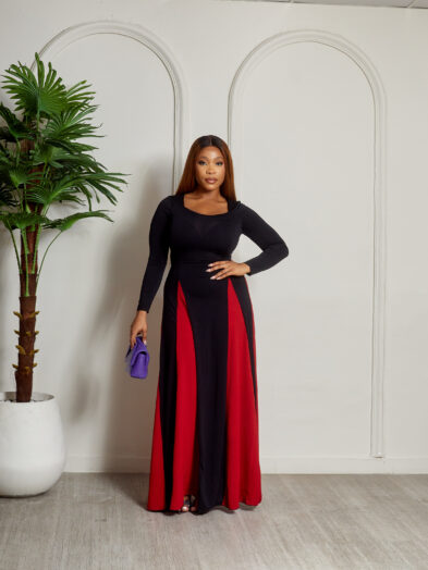 (2FOR40K)BLACK WITH RED INSERT SCARF CUT MAXI DRESS