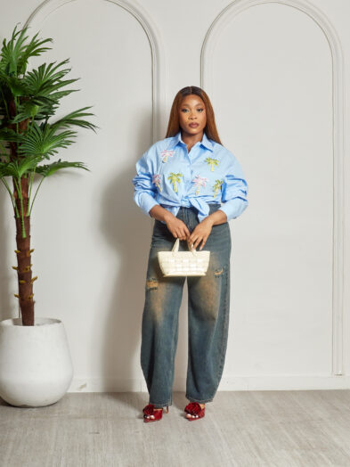 BLUE EMBELLISHED PALM TREE OVERSIZED SHIRT