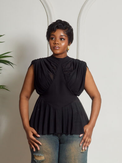 BLACK MESH STRETCH GAGA PEPLUM TOP