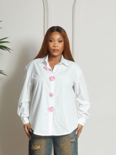 WHITE WITH PINK OVERSIZED FLOWER BUTTON SHIRT