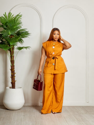 ZR ORANGE STITCHED BISHOP NECK WITH ELEVATED BUTTON ACCESSORY PANT SUIT SET