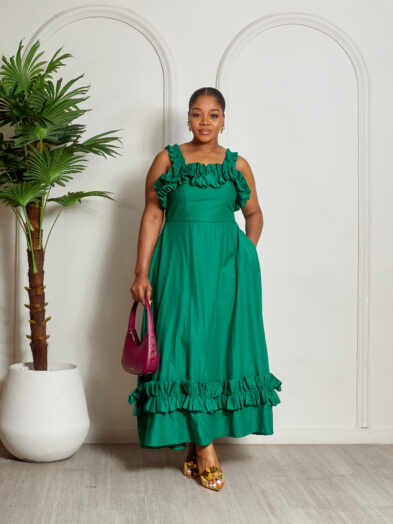 SASHES X HIDES GREEN FRILL DETAIL SKATER DRESS