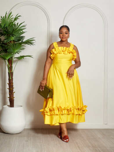 SASHES X HIDES MUSTARD FRILL DETAIL SKATER DRESS