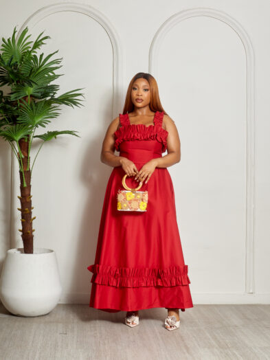 SASHES X HIDES RED FRILL DETAIL SKATER DRESS