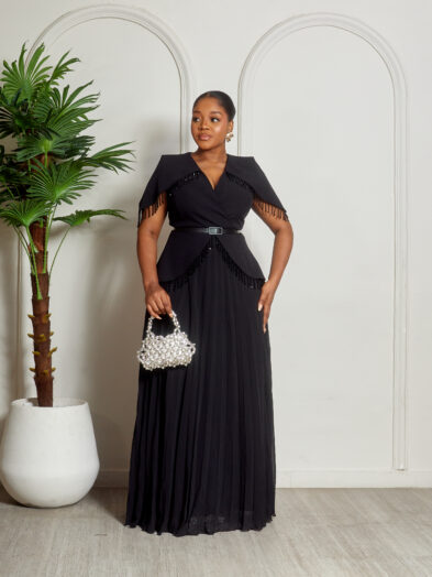 PONEVA BEADED BLACK X WHITE PEPLUM LOWER PLEATED DRESS