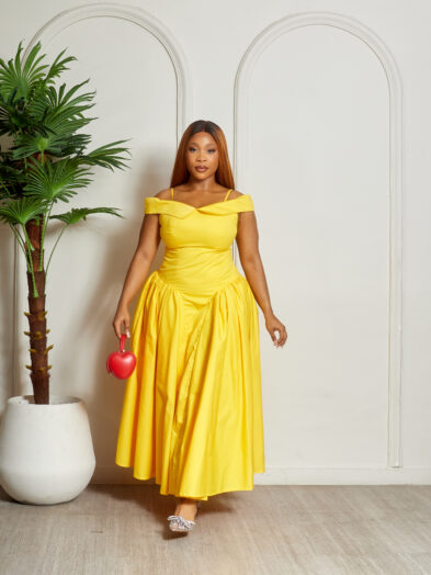 SASHES X HIDES MUSTARD COLD SHOULDER DOLL DRESS