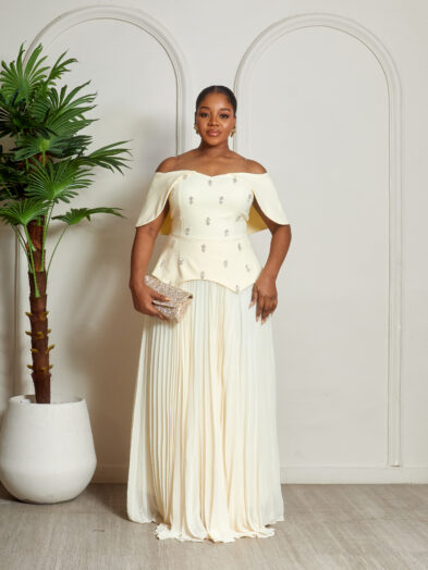 ELIZZA YELLOW STONE DETAIL BARDOT PEPLUM PLEATED DRESS