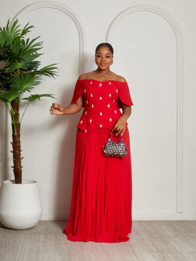 ELIZZA RED STONE DETAIL BARDOT PEPLUM PLEATED DRESS