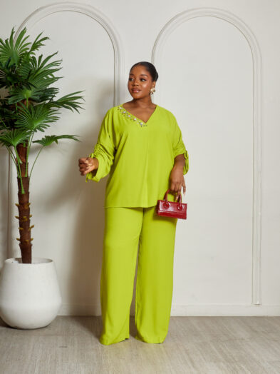 MISS HAVIS LIME CREPE EMBELLISHED VNECK PANT SUIT SET