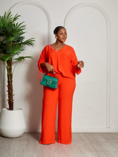 MISS HAVIS ORANGE CREPE EMBELLISHED VNECK PANT SUIT SET