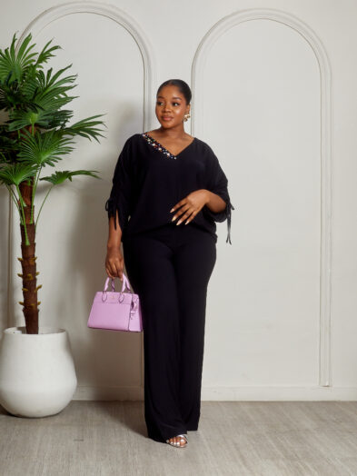 MISS HAVIS BLACK CREPE EMBELLISHED VNECK PANT SUIT SET