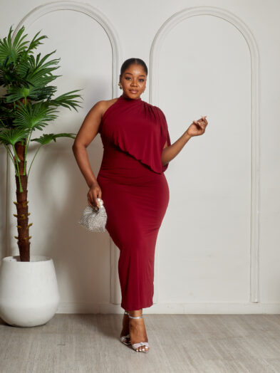 KINZI PLUM MONO BUBBLE SLEEVE MIDI DRESS