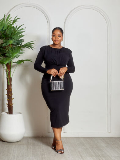 KINZI BLACK SUN BROOCH DRAPED DRESS