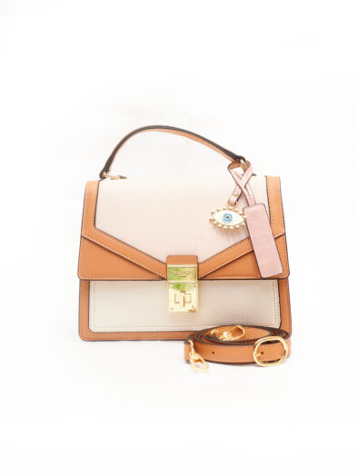 EMILY LORAN 11023 NUDE BEIGE GOLD TWISTLOCK TOP HANDLE SATCHEL