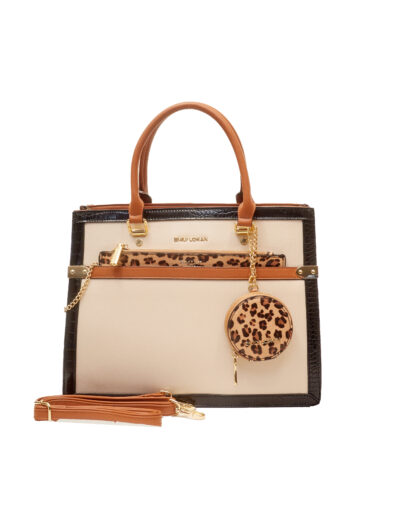 EMILY LORAN 4037 CREAM LEOPARD PURSE INSERT GRAB HANDLE TOTOE
